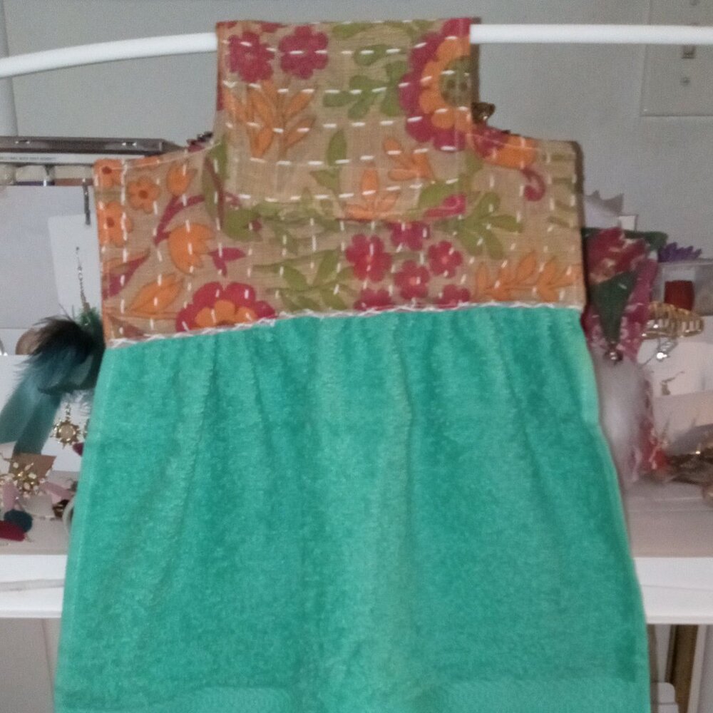 Kantha & Terrycloth Hanging Dish Towel Green Handmade New DTH10.